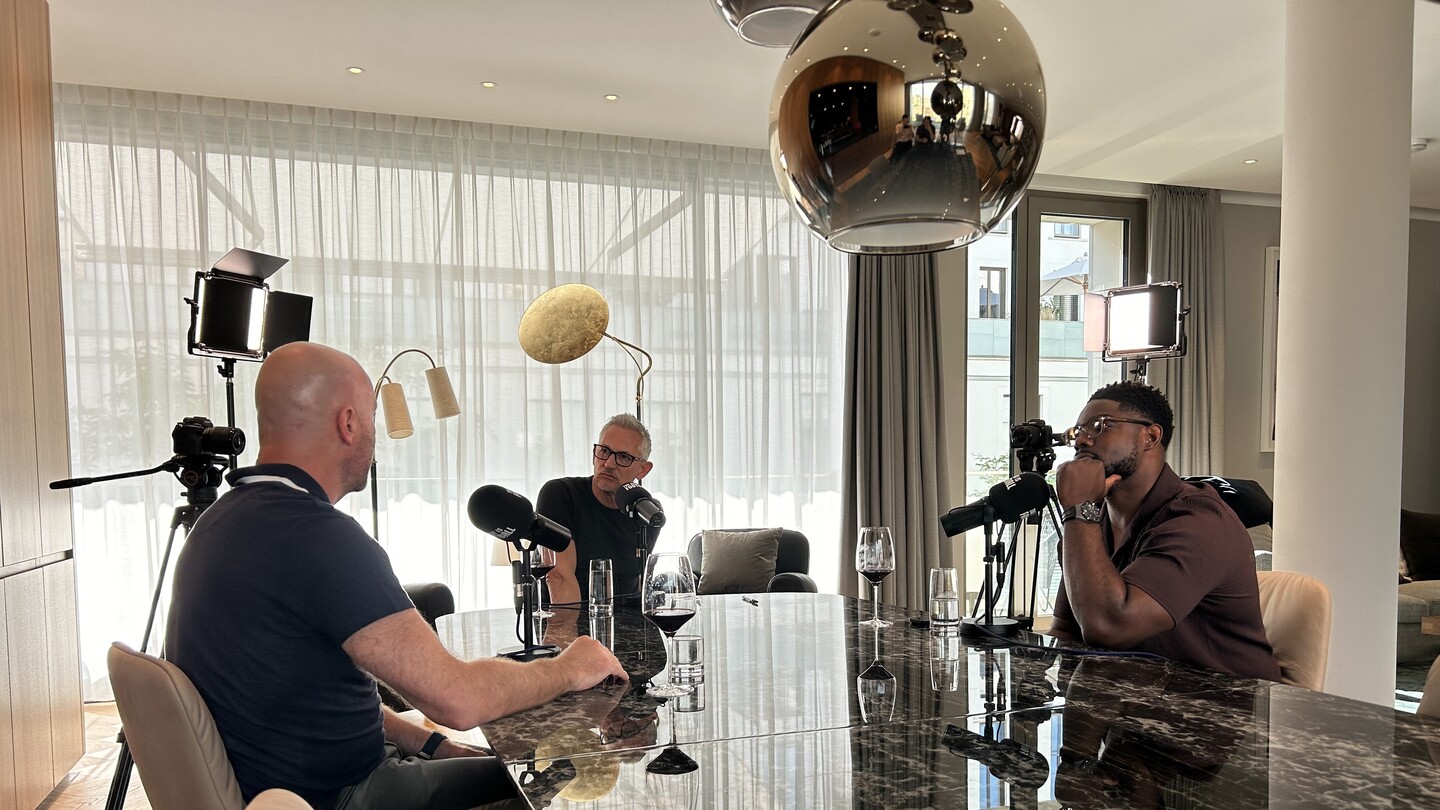 The Rest Is Football presenters Gary Lineker (centre), Alan Shearer (left), and Micah Richards (right)